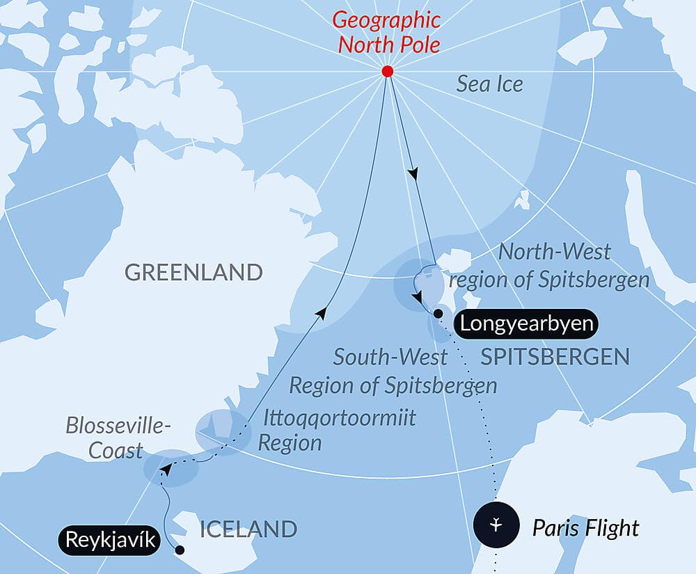 The Geographic North Pole and the east coast of Greenland