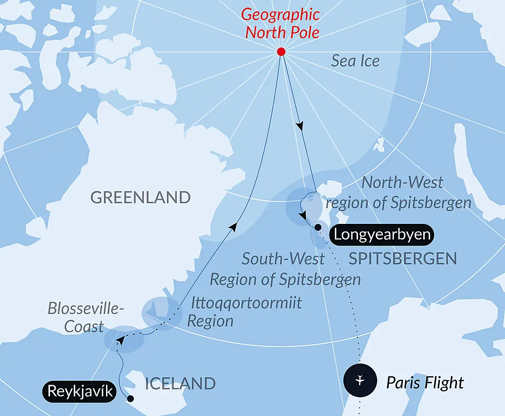 The Geographic North Pole and the east coast of Greenland null
